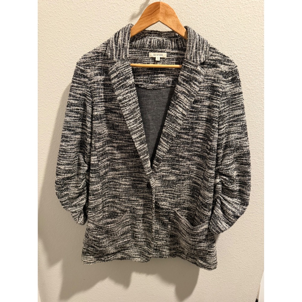 Max Studio Womens Black White Tweed Knit Ruched Sleeve Single Button Blazer L